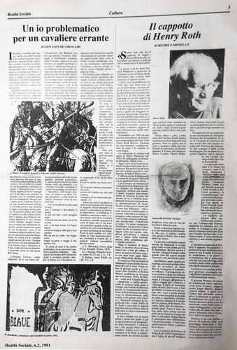 Due articoli una foto. Giovanni De Girolami, Un io problematico per un cavaliere errante. Michele Miniello, Il cappotto di Henry Roth. Realtà Sociale, numero 2, 1991