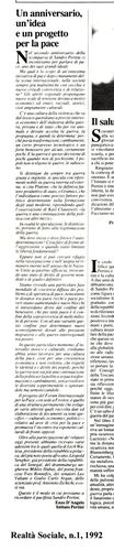 Enzo D'Angelo, Un anniversario, un'idea e un progetto per la pace, Realtà Sociale, numero 1, 1992