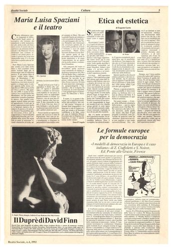 Enzo D'Angelo, Maria Luisa Spaziani e il teatro - Eugenio Garin, Formule europee (pagina intera con 4 articoli), Realtà Sociale, numero 4, 1992