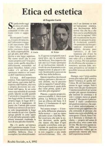 Eugenio Garin, Etica ed Estetica (ingrandimento del testo di Garin), Realtà Sociale, numero 4, 1992