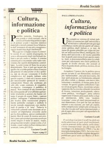 Luciano Cavalli, Cultura, informazione e politica, Realtà Sociale, numero 3, 1992