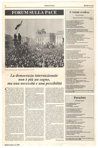 Pierluigi Onorato, Forum sulla pace - La democrazia internazionale. Lars Forssell, L'estate svedese. Irving Layton, Paracleto, Realtà Sociale, numero 3, 1992