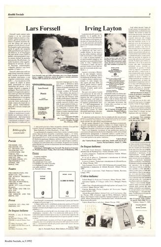 Lars Forssell. Irving Layton. Recensioni. Bibliografia, Realtà Sociale, numero 3, 1992