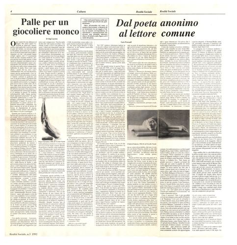 Irving Layton, Palle per un giocoliere - Lars Forssell, Dal poeta anonimo, Realtà Sociale, numero 3, 1992