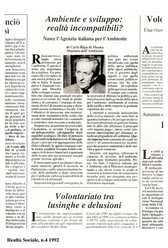 Carlo Ripa di Meana, Ambiente e sviluppo, Realtà Sociale, numero 4, 1992