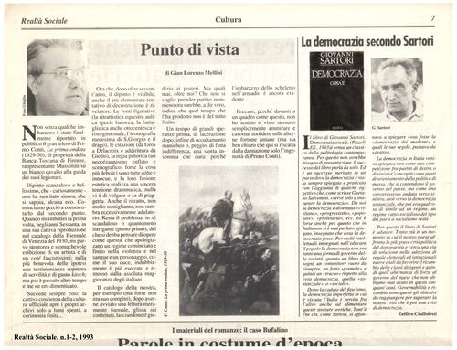 Zeffiro Ciuffoletti, La democrazia secondo Sartori - G. Mellini, Punto di vista, Realtà Sociale, numero 1-2, 1993