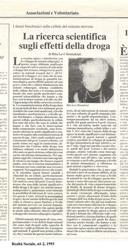 Rita Levi Montalcini, La ricerca scientifica sugli effetti della droga, Realtà Sociale, numero 1-2, 1993
