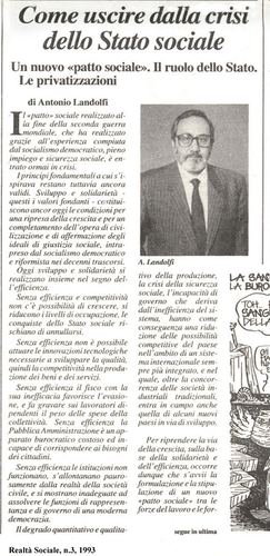 Antonio Landolfi, Come uscire dalla crisi dello Stato sociale, Realtà Sociale, numero 3, 1993
