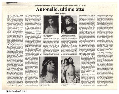 Enzo D'Angelo, Antonello ultimo atto, Il Cristo alla colonna di Antonello da Messina, Realtà Sociale, numero 3, 1993