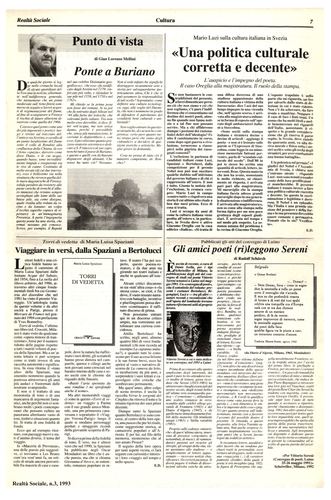 Enzo D'Angelo, Mario Luzi sulla cultura italiana, Viaggiare in versi - Rudolf Schürch, Gli amici (ri)leggono Sereni, Realtà Sociale, numero 3, 1993